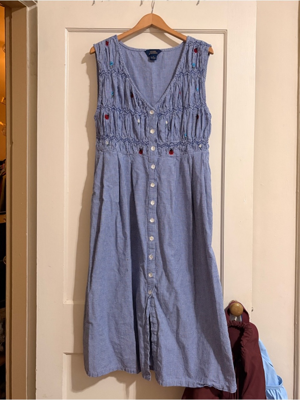 Vintage 90s Natural Impressions Gingham Embroidered Button Front Tank Midi Dress